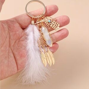 Gold and White Feather Purse Charm Keychain